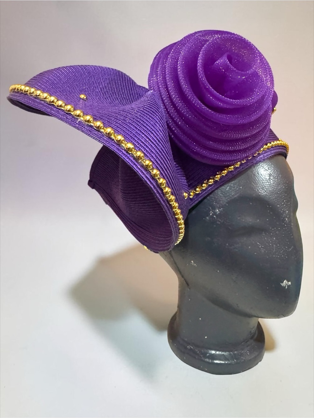 Elegant Purple Structured Fascinator Hat.  Crinoline Bow Accent & Gold Bead Trim